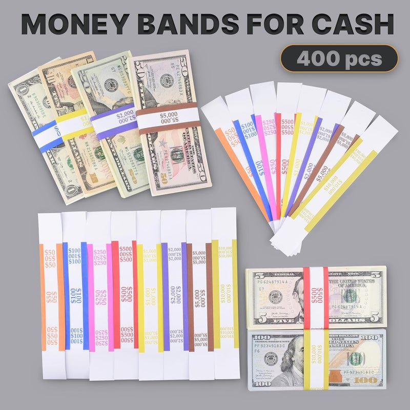 Queensell Pack of 400 Money Bands for Cash, Money Wrappers for Bills to Organize Cash - Self-Adhesive Money Straps, 8 Colors - Image 2
